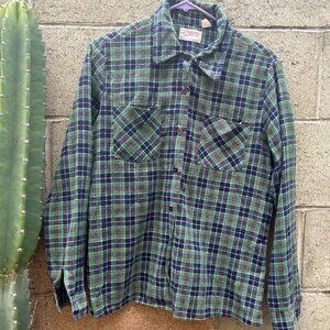 Women's Vintage Haband For Her Green White Navy Plaid Flannel Medium 75% Cotton